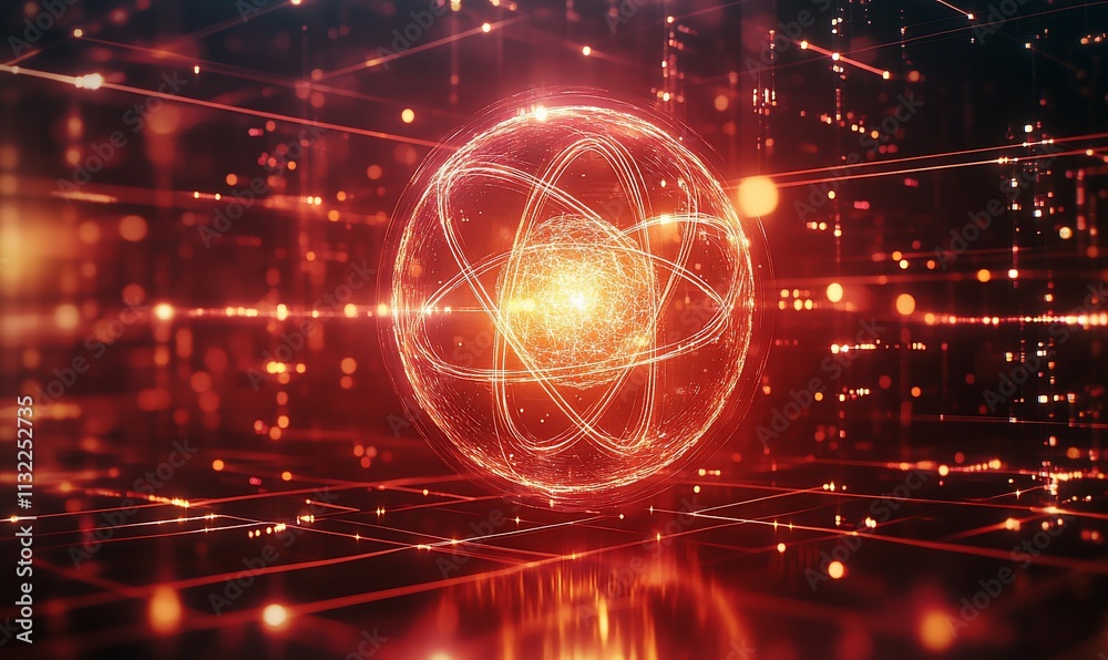 Poster glowing atom model in futuristic digital space.