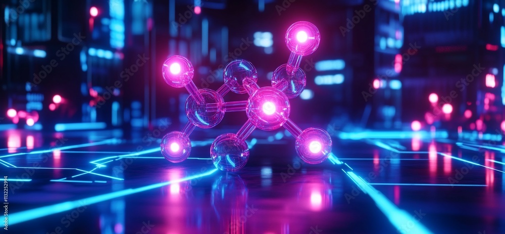 Poster glowing molecule model in futuristic neon setting.