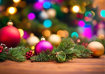 Obraz premium Festive Christmas Ornaments Lights and Greenery on Wood