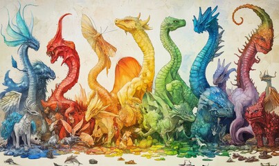 Fototapeta premium Rainbow dragons and small creatures, watercolor style.