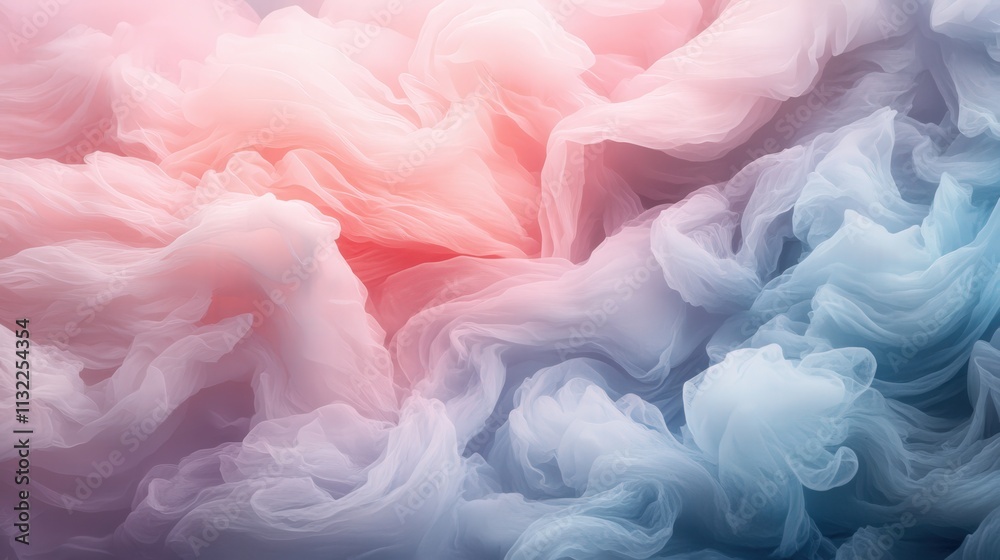 Poster filled with dynamic gradient textures that shift from light pinks to soft blues. the textures flow e