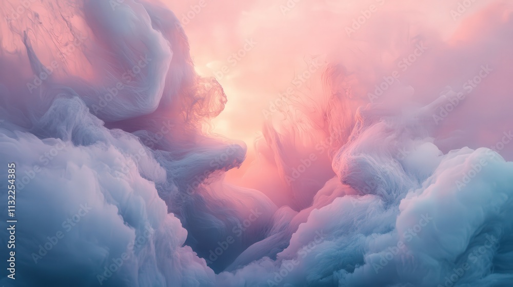 Poster filled with dynamic gradient textures that shift from light pinks to soft blues. the textures flow e