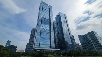 Obraz premium Modern skyscrapers reflecting the sky amidst a city landscape.