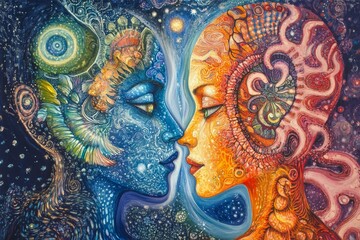 Fototapeta premium Abstract faces intertwine, cosmic swirls embrace.