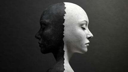Black and white head, dual faces, serene expression.