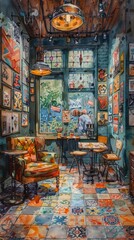 Fototapeta premium Cozy cafe interior with colorful tile floor, eclectic decor, and window view.
