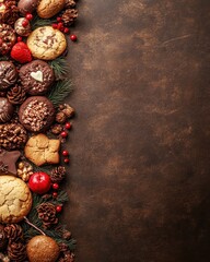 A festive arrangement of cookies, pinecones, and ornaments on a textured surface.