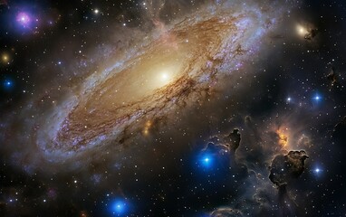 Obraz premium Stunning cosmic scene featuring a spiral galaxy, nebulae, and distant stars.