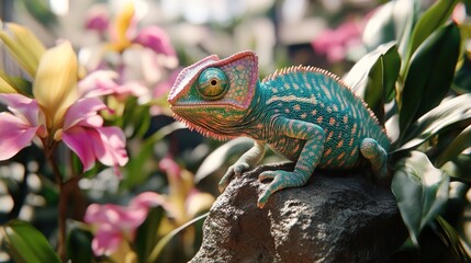 Obraz premium A vibrant chameleon perched on a rock amidst colorful flowers in a lush environment.