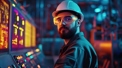 Fototapeta premium A professional engineer standing confidently in front of a complex industrial control panel,