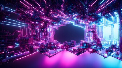 Fototapeta premium A futuristic digital landscape with vibrant neon colors and intricate geometric structures.