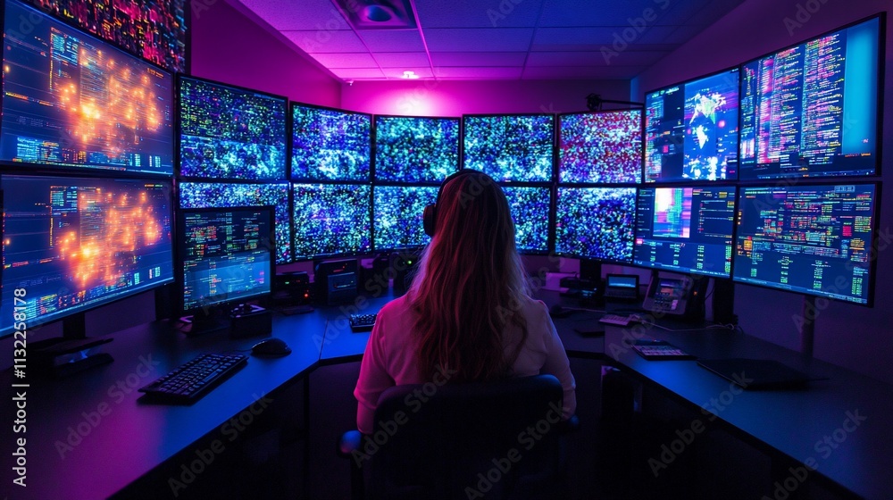 Poster woman monitoring multiple screens in a dark control room.