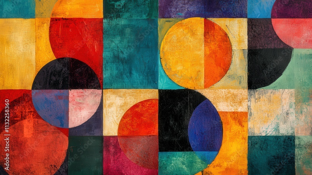 Poster vibrant abstract mixed media design with overlapping geometric shapes. circles, squares, and triangl