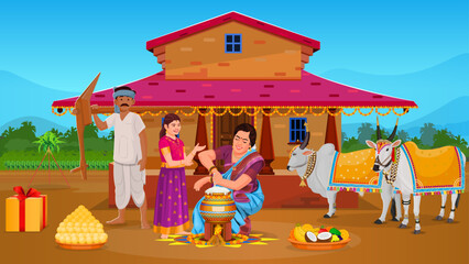 Happy Pongal Harvest Festival of Tamil Nadu Family making Pongal
