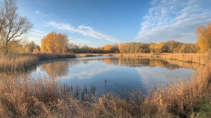 Fototapeta premium A tranquil autumn scene. A calm pond reflects a clear blue sky and golden leafed trees