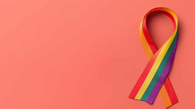 LGBT pride community concept. Colorful rainbow ribbon on a pink background, symbolizing LGBTQ+ pride and inclusivity.