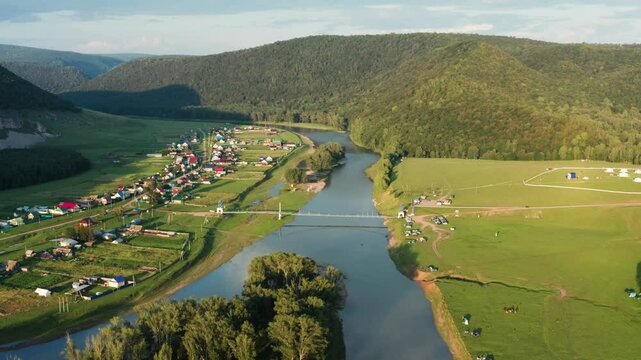 The Southern Urals, a tourist camp on the Zilim River near the village of Tash-Asty. Aerial view.