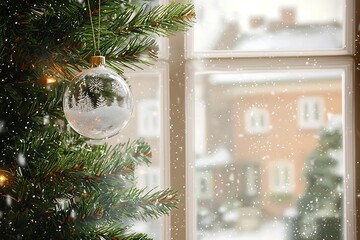christmas balls ornament hanging in tree with window of snowy background