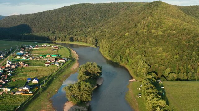 The Southern Urals, a tourist camp on the Zilim River near the village of Tash-Asty. Aerial view.