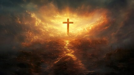 Fototapeta premium Glowing Cross in Dramatic Heaven: A Spiritual Journey