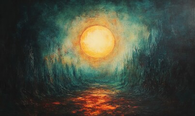 Fototapeta premium Dark landscape, glowing orb, fiery path, textured paint.