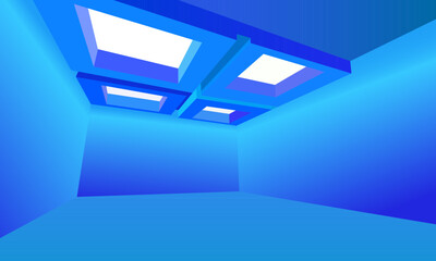 Fototapeta premium Illustration of an empty room with blue walls and a blue ceiling, for design illustrations, interiors, scenes and views