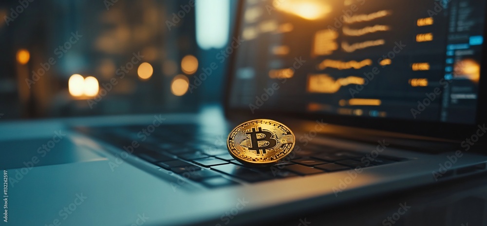Poster a bitcoin coin rests on a laptop keyboard, symbolizing digital currency.