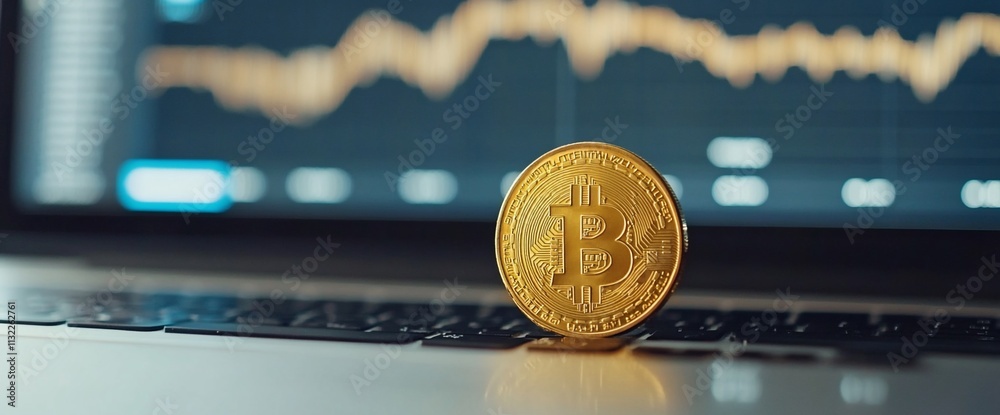 Poster a bitcoin coin placed on a laptop with a financial chart in the background.