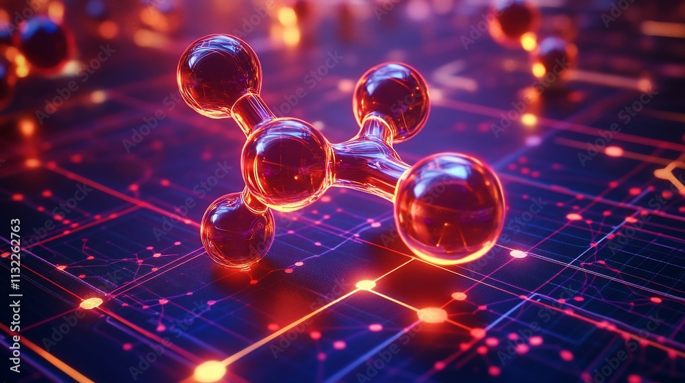 Poster a 3d representation of a molecular structure with glowing connections.