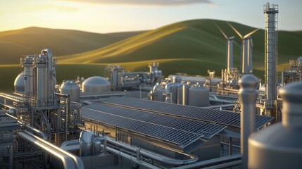 Fototapeta premium Renewable energy production industrial complex aerial view green landscape sustainable technology modern infrastructure
