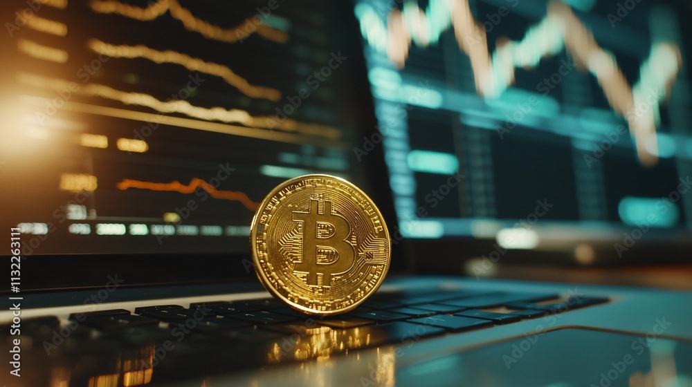 Poster a bitcoin coin placed on a laptop with financial graphs in the background.