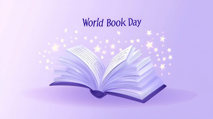 world  book day poster. Education concept.
A single book with glowing stars emerging from its open pages.