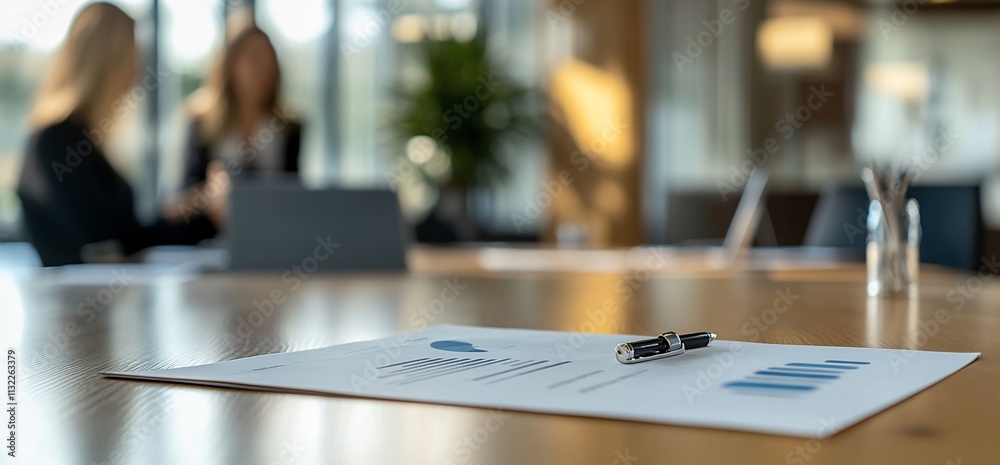 Poster a business meeting setup with documents and a pen on a conference table.