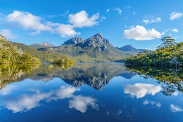 Naklejka premium Cradle Mountain reflected in Lake Dove Tasmania Australia.
