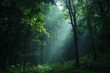 Obraz premium Sunbeams pierce misty, green forest depths.