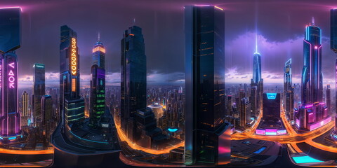 Full 360 degrees seamless spherical panorama HDRI equirectangular projection of A futuristic neon splashed metropolis. Texture environment map for lighting and reflection source rendering 3d scenes.