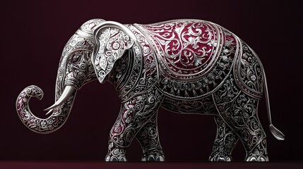 Thai-style silver elephant detailing with fine intricate patterns and soft, textured lines, set against a dark, elegant burgundy background