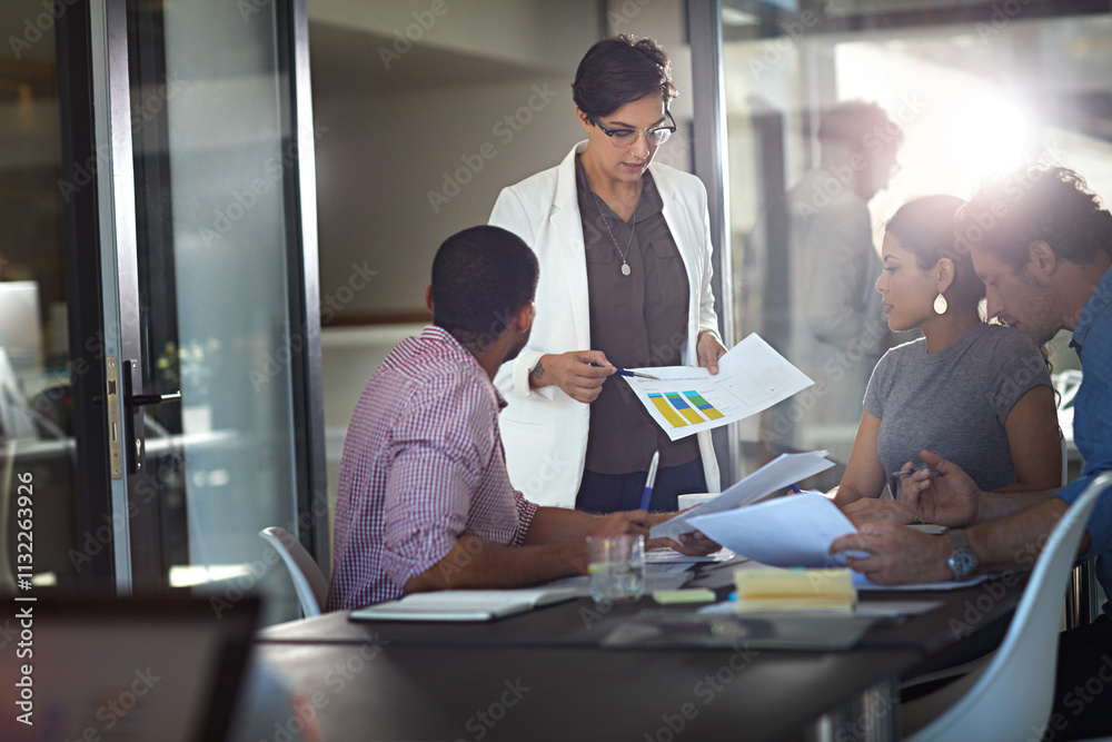 Aufkleber business people, documents and meeting with statistics for report, company analytics or review at of