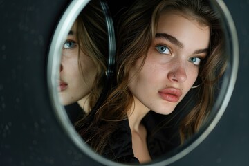 Fashion studio portrait of woman and mirrors on black background