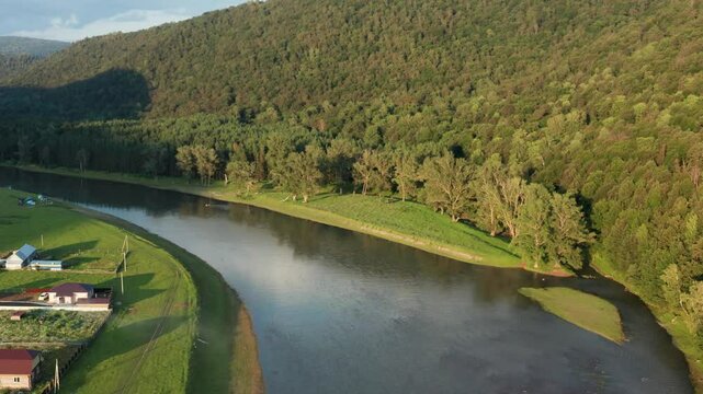 The Southern Urals, a tourist camp on the Zilim River near the village of Tash-Asty. Aerial view.