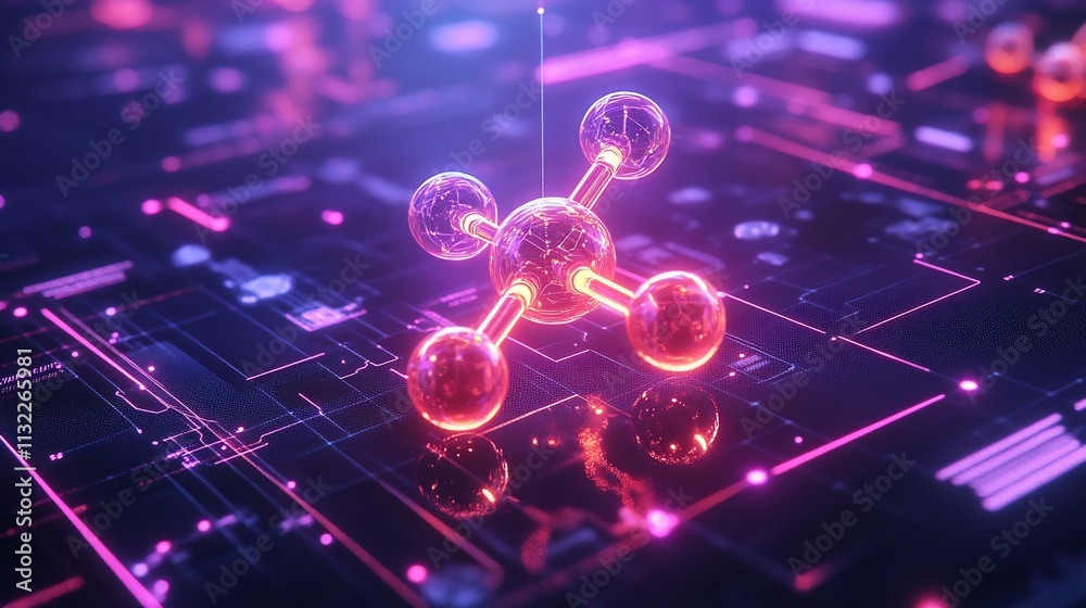 Poster A digital representation of a molecular structure in a futuristic environment.