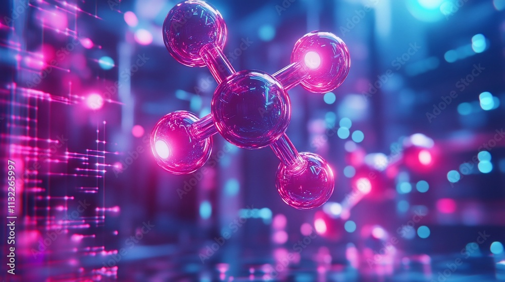 Poster a digital representation of a molecular structure in a vibrant, futuristic style.