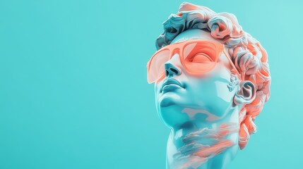 Classical statue head with modern orange sunglasses on a turquoise background.