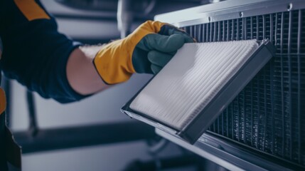 Maintenance task hvac filter replacement in industrial setting detailed process close-up view technical insight for efficiency