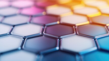 Obraz premium Macro shot of reflective hexagonal shapes with a gradient of pink, blue, and orange hues.