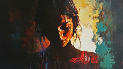 Abstract painting, pensive woman, textured colors.