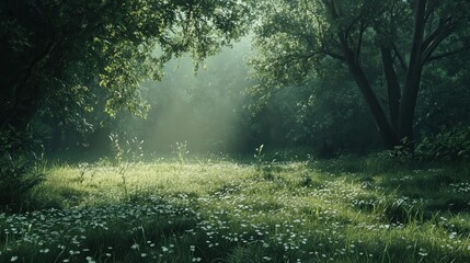Fototapeta premium In the early morning, the dew clings to the grass, forming a delicate layer of droplets that sparkle in the soft light.