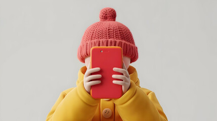 3D Render Child in Yellow Winter Coat Holding Red Phone