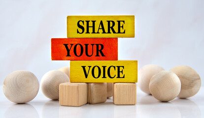 SHARE YOUR VOICE - words on a wooden brown block with balls lying next to it on a white background