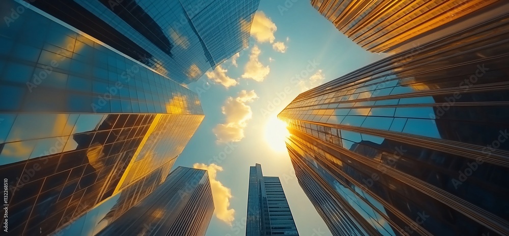 Poster a dramatic upward view of skyscrapers reflecting sunlight and clouds.